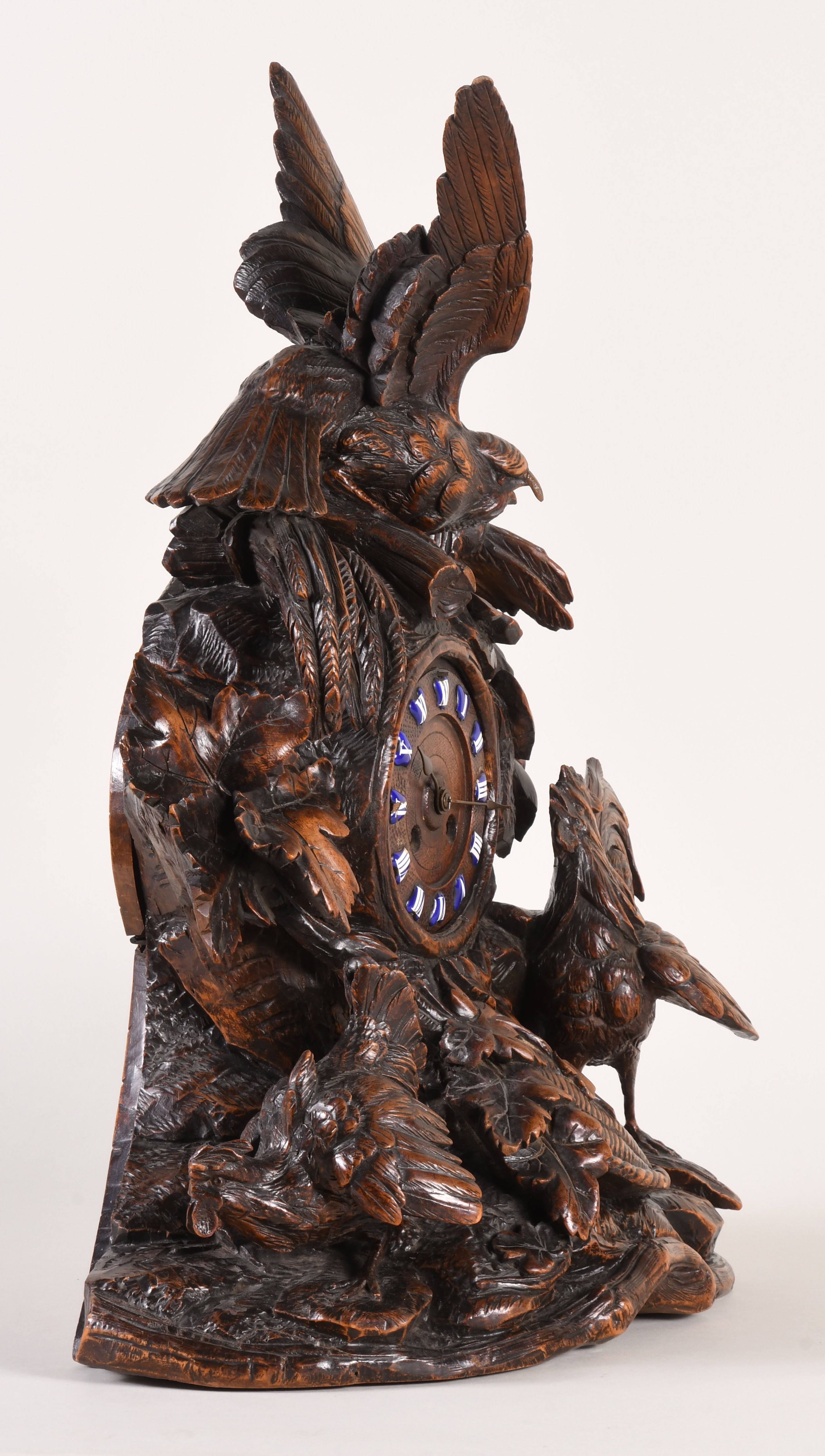 Black Forest Mantel Clock Handcarved Walnut Case Depicting A Hen