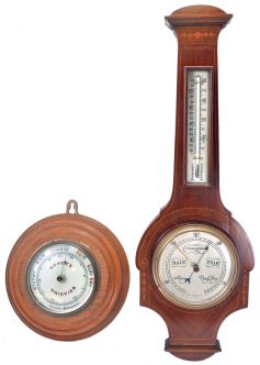 Julien p. Frieze & Sons, Belfort Meteorological Observatory instrument in wooden and glass case measuring wind direction, velocity, sunshine and rainfall and a box of barometer parts and two small barometers, together with an outer box for a Hamilton navigation watch