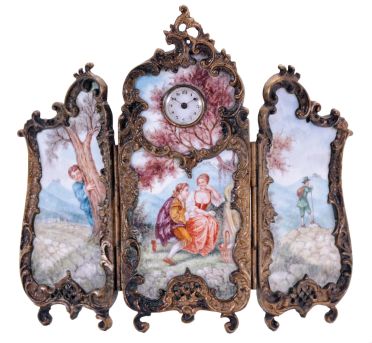 Switzerland, desk or bedside clock in the form of a folding screen, gilt brass frame with foliate ornament in the rococo style, each section set with conforming polychrome painted porcelain panels depicting people in landscapes, Arabic numeral white enamel dial with blued steel hands, 30 hour, 17 jewel keywound Swiss movement with lever escapement