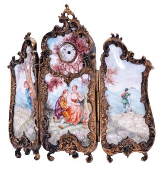 Switzerland, desk or bedside clock in the form of a folding screen, gilt brass frame with foliate ornament in the rococo style, each section set with conforming polychrome painted porcelain panels depicting people in landscapes, Arabic numeral white enamel dial with blued steel hands, 30 hour, 17 jewel keywound Swiss movement with lever escapement