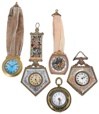Clocks- 5 (Five): All hanging, four 8 day chatelaine style with decorative dials and hangers, the other with gilt brass case, white enamel dial, and 8 day timepiece movement with cylinder platform