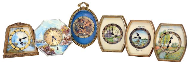 Clocks- 6 (Six): Four 8 day by Waltham with landscape painted dials and easel backs, a "Quintonware" with polychrome enamel decoration and easel back, and a hanging clock, gilt oval case, dial with painted scene including six putto, 8 day timepiece movement, all 20th century, oval clock dimensions listed