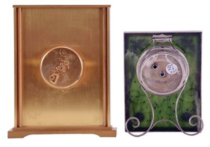 Clocks- 2 (Two): Jaeger - LeCoultre, Switzerland, desk clock with rectangular gilt case, Roman numeral faux lapis lazuli dial, gold baton hands, 8 day timepiece movement, together with a silver mounted green agate desk clock with Roman numeral white enamel dial and 30 hour timepiece movement, both 20th century, LeCoultre measurements listed