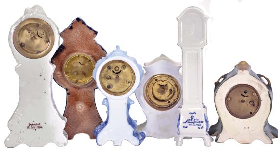 Clocks- 6 (Six): All with ceramic cases, including "R.S. Prussia", "Rosenthal", Majolica, and Delft, five with thirty hour timepiece movements, and one with quartz movement, Rosenthal case dimensions listed