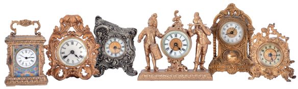 Clocks- 6 (Six): including a figural with fife and drummer, a French carriage with caryatid corners and champleve enamel dial mask, an Ansonia novelty, a British United novelty, and two other novelties with fancy cases