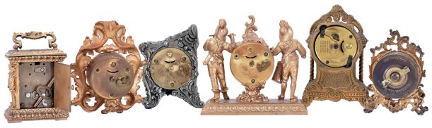 Clocks- 6 (Six): including a figural with fife and drummer, a French carriage with caryatid corners and champleve enamel dial mask, an Ansonia novelty, a British United novelty, and two other novelties with fancy cases