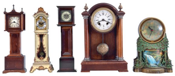 Clocks- 5 (Five): including a French mantel clock, a Mastercrafters electric waterfall clock, and three miniature tall clocks