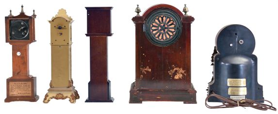 Clocks- 5 (Five): including a French mantel clock, a Mastercrafters electric waterfall clock, and three miniature tall clocks