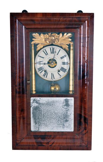 Terry & Andrews, Bristol, Conn., 8 day, time and strike, weight driven brass movement, column OG shelf clock. This clock usually seen with a Joseph Ives or Hills, Goodrich & Co. label. Joseph Ives designed the movement.