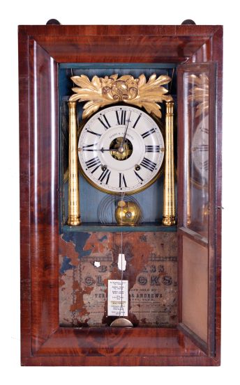 Terry & Andrews, Bristol, Conn., 8 day, time and strike, weight driven brass movement, column OG shelf clock. This clock usually seen with a Joseph Ives or Hills, Goodrich & Co. label. Joseph Ives designed the movement.