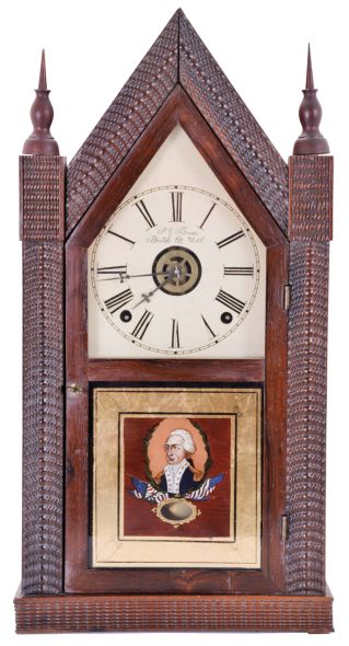 Forestville Mfg. Co., (J.C. Brown), ripple molding sharp gothic or steeple clock with 8 day, time, strike and alarm spring driven movement .