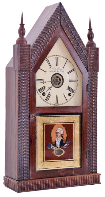 Forestville Mfg. Co., (J.C. Brown), ripple molding sharp gothic or steeple clock with 8 day, time, strike and alarm spring driven movement .