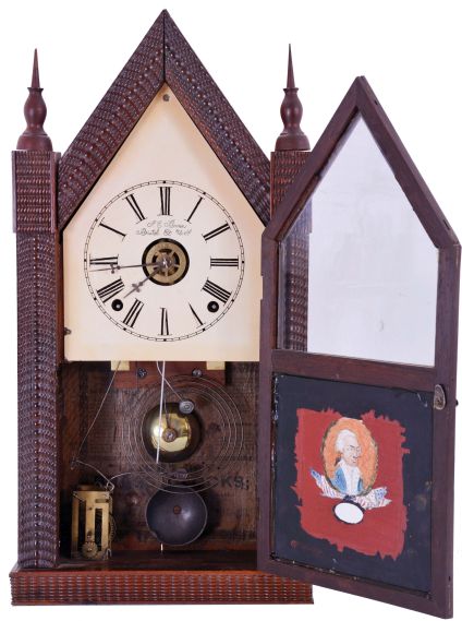 Forestville Mfg. Co., (J.C. Brown), ripple molding sharp gothic or steeple clock with 8 day, time, strike and alarm spring driven movement .