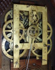 Forestville Mfg. Co., (J.C. Brown), ripple molding sharp gothic or steeple clock with 8 day, time, strike and alarm spring driven movement .