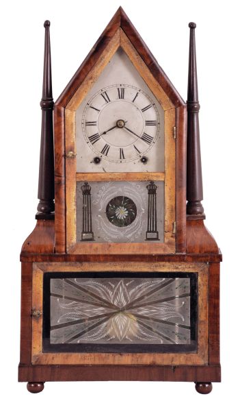 Birge & Fuller, Bristol, Conn., steeple on frame with candle finials or double steeple shelf clock, 8 day, time and strike brass wagon spring movement