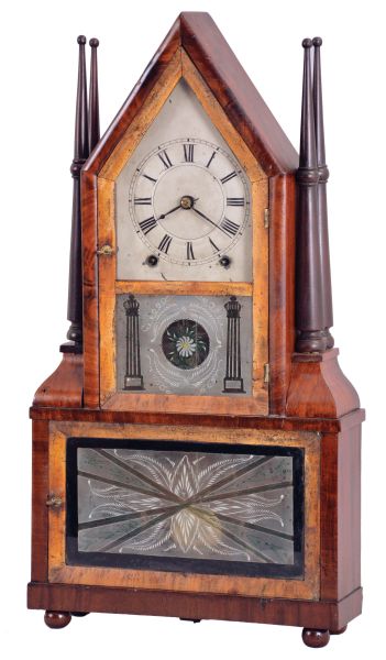 Birge & Fuller, Bristol, Conn., steeple on frame with candle finials or double steeple shelf clock, 8 day, time and strike brass wagon spring movement