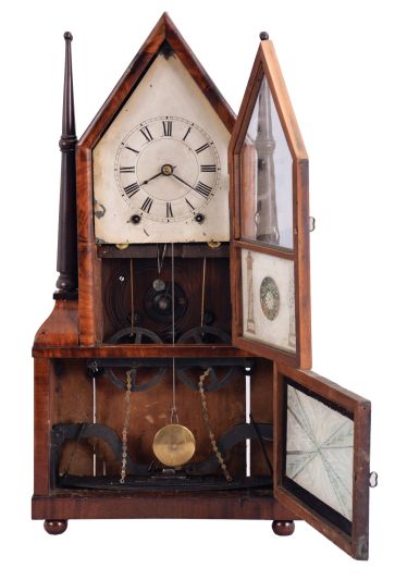 Birge & Fuller, Bristol, Conn., steeple on frame with candle finials or double steeple shelf clock, 8 day, time and strike brass wagon spring movement