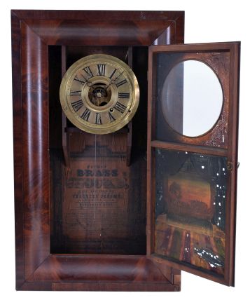 Chauncey Jerome, New Haven, Conn., 8 day, time only, brass weight driven movement OG shelf clock.