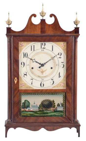 Seth Thomas, Plymouth, Conn., "Off Center Pillar and Scroll" clock with a weight driven 30 hour time and strike wooden movement in a mahogany veneered case.