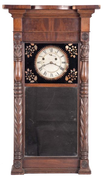 Munger & Benedict, Auburn, New York, 8 day, time and strike, weight driven brass movement ironing board top wall clock.