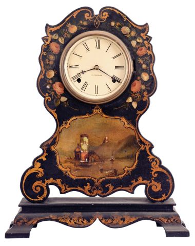 Chauncey Jerome, New Haven, Conn., papier mache shelf or mantel clock, the case made by the Litchfield Manufacturing Co., with ebonized ground, decorated with mother of pearl and trimmed with gilt scrolls and leafage, polychrome painted floral garlands surrounding the Roman numeral white painted dial, above a landscape scene featuring a shoreline with buildings, boats, and a mountainous background, the case resting on an integral, ogee molded bracket base, with matching decoration, blued steel club style hands, 8 day brass, spring driven time and strike movement, dial and movement signed