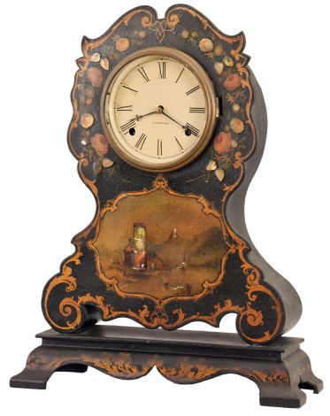 Chauncey Jerome, New Haven, Conn., papier mache shelf or mantel clock, the case made by the Litchfield Manufacturing Co., with ebonized ground, decorated with mother of pearl and trimmed with gilt scrolls and leafage, polychrome painted floral garlands surrounding the Roman numeral white painted dial, above a landscape scene featuring a shoreline with buildings, boats, and a mountainous background, the case resting on an integral, ogee molded bracket base, with matching decoration, blued steel club style hands, 8 day brass, spring driven time and strike movement, dial and movement signed