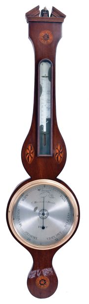 Barometers- 3 (Three) English Barometers: (1) English, banjo or wheel barometer signed "C. Marinone & Bardoli" with inlayed mahogany case and mercury thermometer; (2) English, banjo or wheel barometer signed "J. Donegani, Northampton with alcohol thermometer with a book matched mahogany case with inlays; (3) English, banjo or wheel barometer with alcohol thermometer, hygrometer, and spirit level in walnut case.