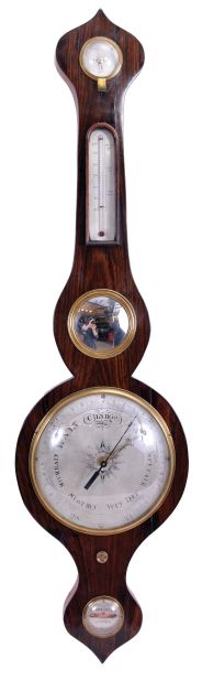 Unsigned English banjo or wheel barometer with thermometer, hygrometer, and spirit level in a rosewood veneer case.