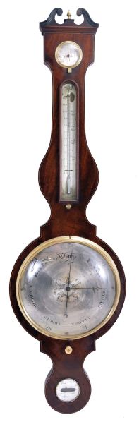 Barometers- 3 (Three) English Barometers: (1) English, banjo or wheel barometer with mercury thermometer, hygrometer, and spirit level in walnut case; (2) English, banjo or wheel barometer with thermometer scale, hygrometer, and spirit level and walnut case; (3) English, banjo or wheel barometer signed "I. Verga" with alcohol thermometer in a mahogany case with inlays.