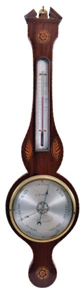 Barometers- 3 (Three) English Barometers: (1) English, banjo or wheel barometer with mercury thermometer, hygrometer, and spirit level in walnut case; (2) English, banjo or wheel barometer with thermometer scale, hygrometer, and spirit level and walnut case; (3) English, banjo or wheel barometer signed "I. Verga" with alcohol thermometer in a mahogany case with inlays.