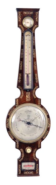 R. Camotta, Halifax wheel barometer with thermometer, hygrometer and level in inlaid mahogany case