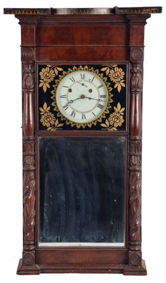 Munger & Benedict, Auburn, New York, 8 day, time and strike weight driven, brass movement Empire case "ironing board top" shelf clock.