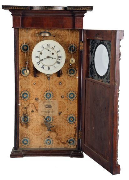 Munger & Benedict, Auburn, New York, 8 day, time and strike weight driven, brass movement Empire case "ironing board top" shelf clock.