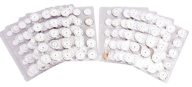 Pocket Watch Dials, a large lot of dials for American, Swiss, and English watches, mostly enamel, some in color, 18- 0 size, approximately 240 in number