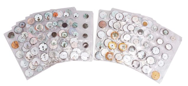 Pocket Watch Dials, a large lot of dials for American, Swiss, and English watches, mostly enamel, some in color, 18- 0 size, approximately 240 in number