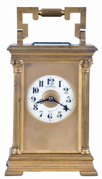 France, for Joseph Hartmann, Berlin, a giant carriage clock, gilt Anglaise Riche variant case with beveled glasses, Arabic numeral white enamel dial with gilt mask, blued steel hands, 8 day, time and strike movement with lever platform, cut bimetallic balance with gold timing screws, and counting the hours on a gong