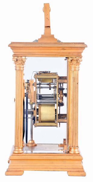 France, for Joseph Hartmann, Berlin, a giant carriage clock, gilt Anglaise Riche variant case with beveled glasses, Arabic numeral white enamel dial with gilt mask, blued steel hands, 8 day, time and strike movement with lever platform, cut bimetallic balance with gold timing screws, and counting the hours on a gong