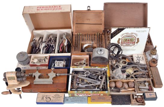 Watch and Clock Tools: box full of tools including specialty pliers, boxed staking set, watch movement holders, burrs, demagnetizer, taps & dies, dial calipers, gravers, poising tool, truing calipers, sleeve wrenches, reamers, case openers, a small shear, and specialized watchmaker tools, many in their original boxes.