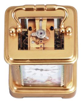 France, a mignonette No.1 carriage clock, glazed, gilt Corniche case, roman numeral, polychrome enamel dial depicting a young couple in a landscape, fancy gilt hands, 8 day, timepiece movement with lever platform, the back plate marked "A.B. Depose", and inside of front plate with letter B within a circle