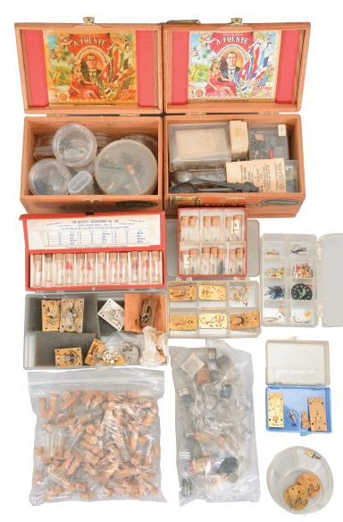 Large lot of wrist and pocket watch hands, including a number of Mickey Mouse and other character hands, together with a small selection of pinions, two Rolex spoons, and 16 platform escapements, some for Chelsea clocks