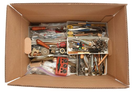 Tools- Box of Watch Tools: one box full of small hand tools including burnishers, oil stones, oilers, hammers, sleeve wrenches, loupes, punches, tweezers, pin vises, case back openers, specialty pliers, files, gravers, anvils, and more.