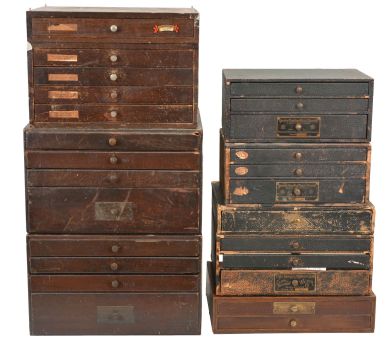 Watch Parts: large lot of watch parts in drawers -- much of it Waltham and Hamilton -- including mainsprings, crowns, stems, staffs, jewels, hands, and more. Lot also includes a jewelling tool, an Accutron service kit, and a pocket watch display case.