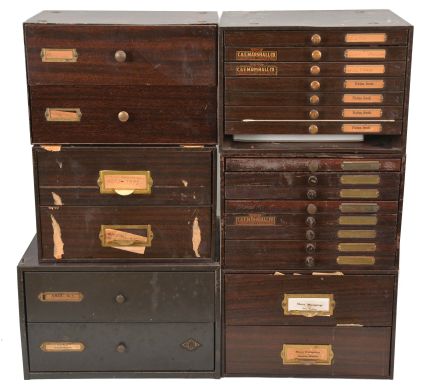 Watch Parts: large lot of watch parts in drawers -- much of it Waltham and Hamilton -- including mainsprings, crowns, stems, staffs, jewels, hands, and more. Lot also includes a jewelling tool, an Accutron service kit, and a pocket watch display case.