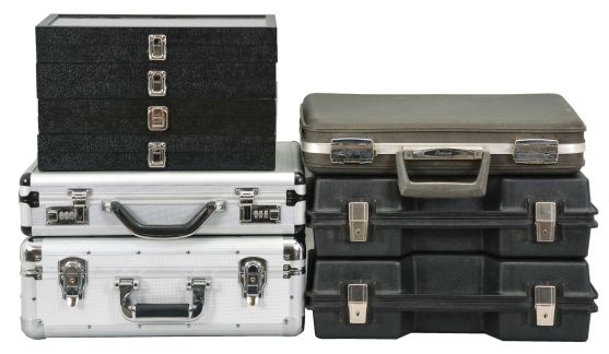 Tools- 9 (Nine) Watch Cases: hard cases for transporting or storing pocket watches. Many of the briefcase style cases have foam inserts for hold individual watches.