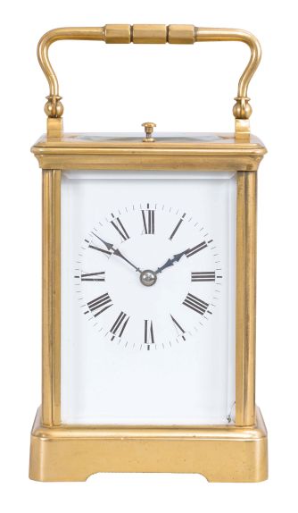 France, an unusual, five minute repeating carriage clock with single gong, gilt Corniche case with beveled glasses, Roman numeral white enamel dial, blued steel distaff hands, 8 day, time and strike movement with lever platform, counting the hours in passing, repeating the last hour when activated by top pusher, and repeating the last five minute interval through the pusher at case back