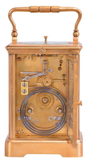 France, an unusual, five minute repeating carriage clock with single gong, gilt Corniche case with beveled glasses, Roman numeral white enamel dial, blued steel distaff hands, 8 day, time and strike movement with lever platform, counting the hours in passing, repeating the last hour when activated by top pusher, and repeating the last five minute interval through the pusher at case back