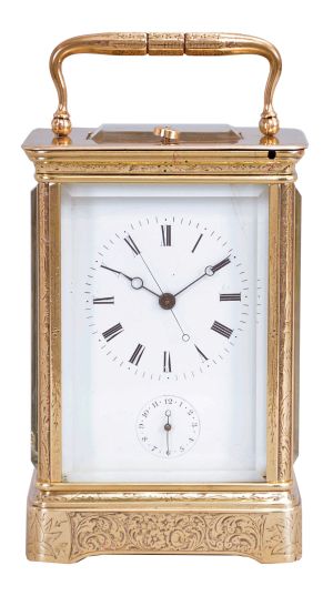 Japy Freres & Cie., an engraved, Corniche cased, hour repeating carriage clock with sweep seconds, the case replete with engraved floral and foliate ornament, Roman numeral white enamel dial with subsidiary, arabic numeral alarm chapter, three train brass movement with lever platform ornamented with Asian market style engraving, striking the hour and half hour in passing, and repeating the last hour on demand