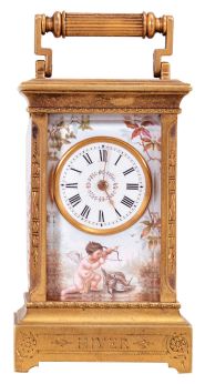 Switzerland, an exceptional miniature carriage clock with enameled panels, the engraved, gilt case nearly 3/4 inches smaller than a mignonette No.1, the sides and back with polychrome enamel scenes of disporting putti, the Roman numeral enamel dial with mask matching the exterior panels, each representing one of the four seasons, the base with engraved titles, "Hiver, Automne, Printemps, Ete", 30 hour, timepiece movement with cylinder escapement, and fabric covered travel case with key