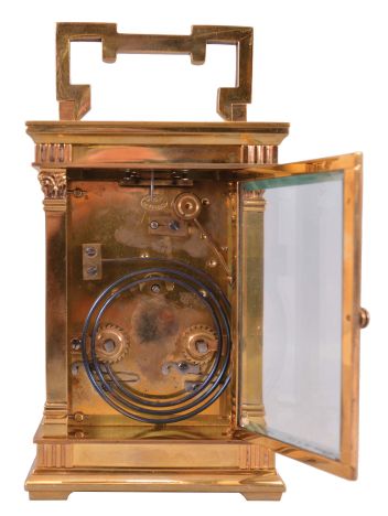 France, carriage clock, 8 day, time and strike counting the hours on a gong, spring driven movement with lever platform in an Anglaise case with fluted pilasters and and set with beveled glasses, gilt mask reading in part "Mappin & Webb Ltd. / 172 Regent St." surrounding a silvered dial with Arabic numerals, blued steel hands.