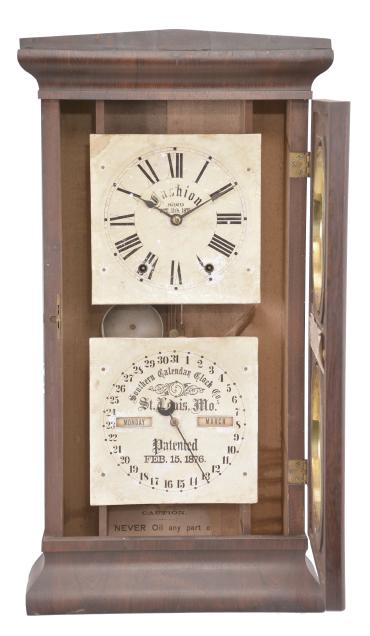 Southern Calendar Clock Co., St. Louis, Mo., "Fashion No. 1" shelf clock with a Seth Thomas spring driven, 8 day, time and strike movement and a R. T. Andrews patented perpetual calendar mechanism, in a rosewood veneered case.